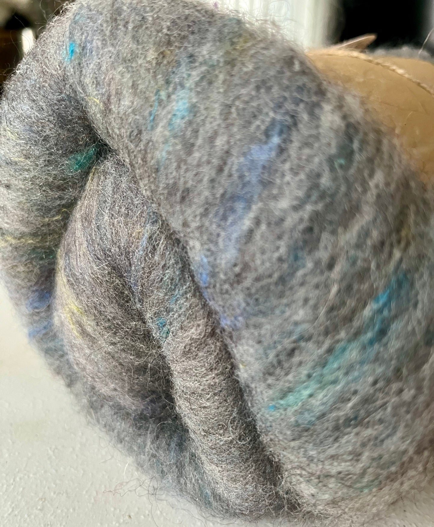 Natural Grey with Silk Threads Batt - Hand processed Cotswold and Rambouillet
