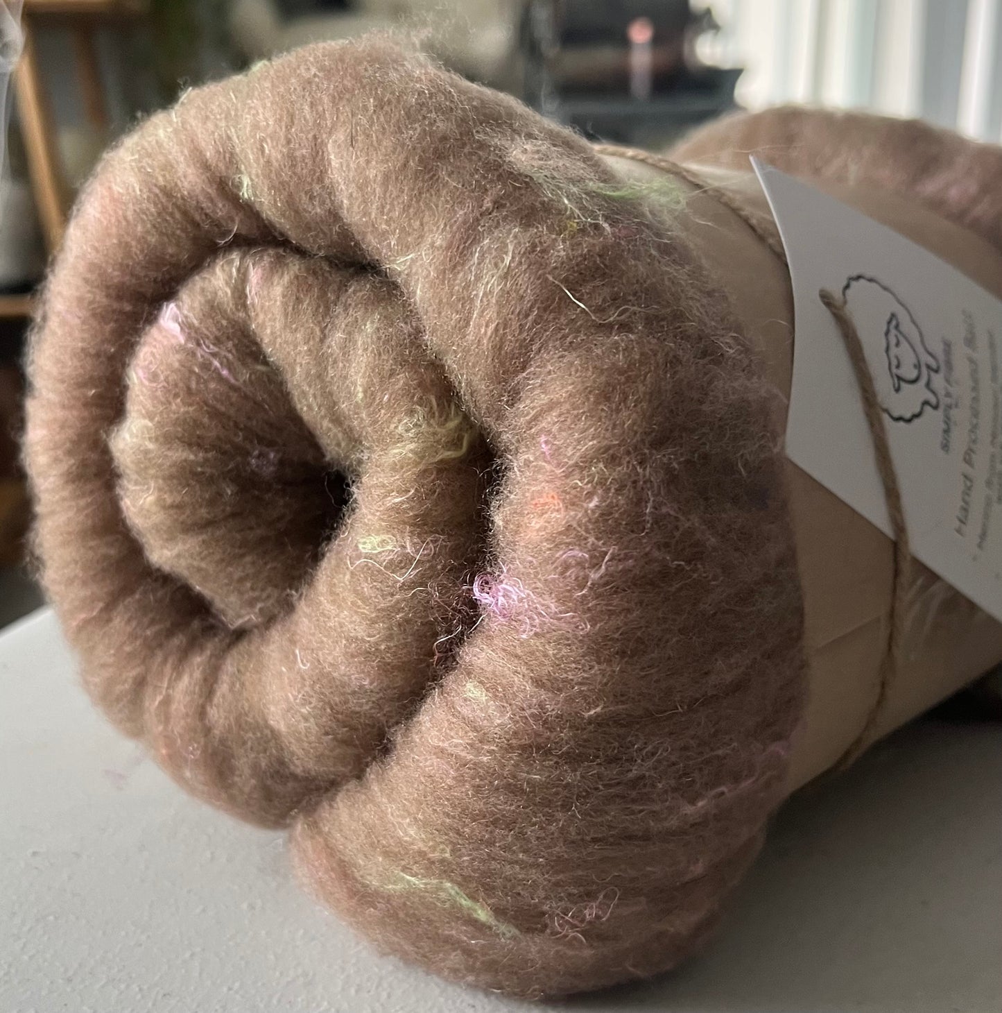 Natural Caramel with Silk Threads Batt - Hand processed Merino