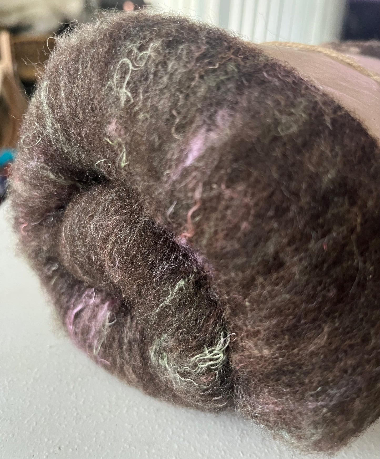Natural Brown with Silk Threads Batt - Hand processed Rambouillet