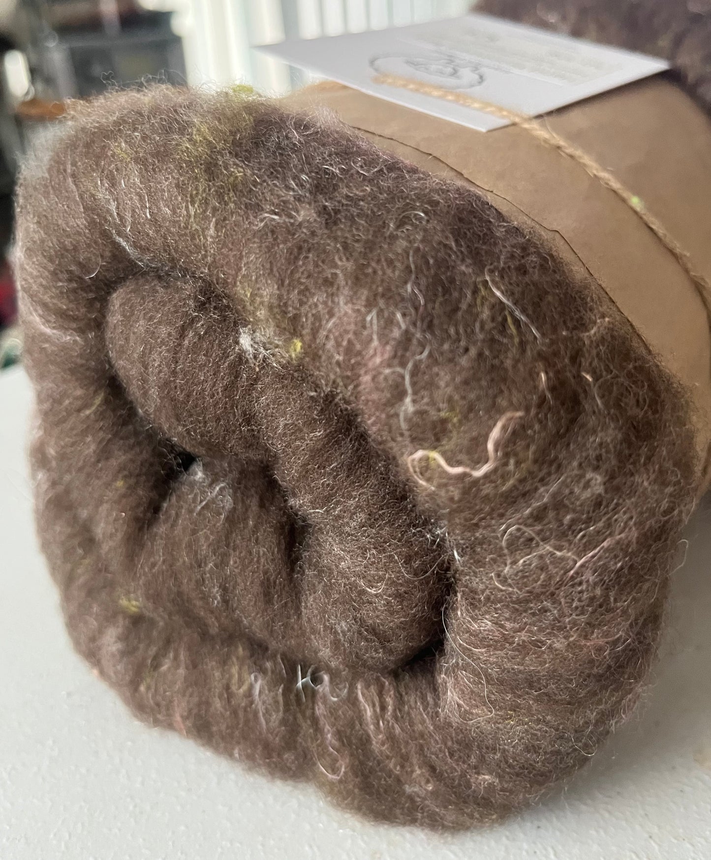 Natural Brown with Silk Threads Batt - Hand processed Merino